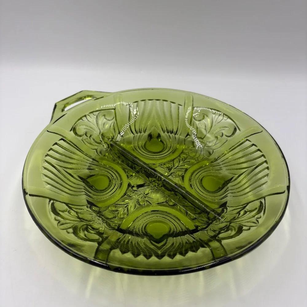 Vintage Indiana Glass Divided Relish Dish  8in Green Excellent Pressed Pattern